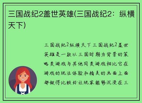 三国战纪2盖世英雄(三国战纪2：纵横天下)